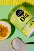 Diti by Fit&Juice container with a spoonful of powder and a passion fruit on a green background
