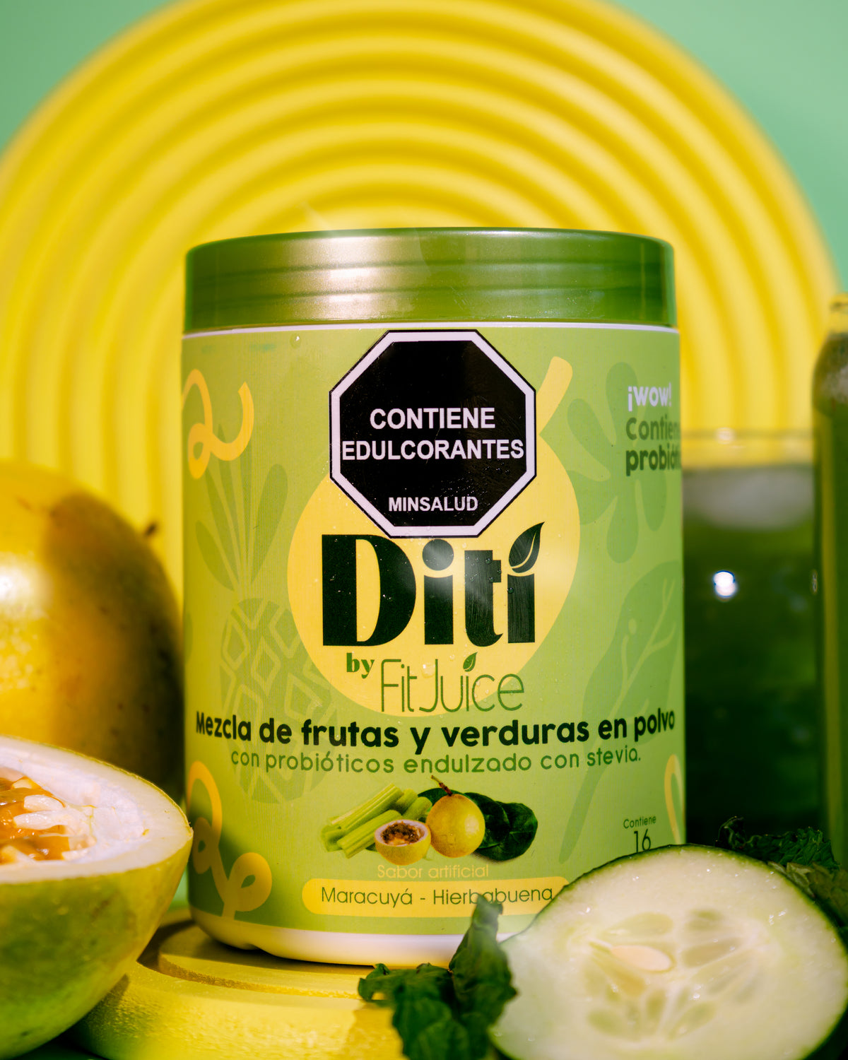 Green container labeled 'Diti' with fruits and vegetables on a yellow background