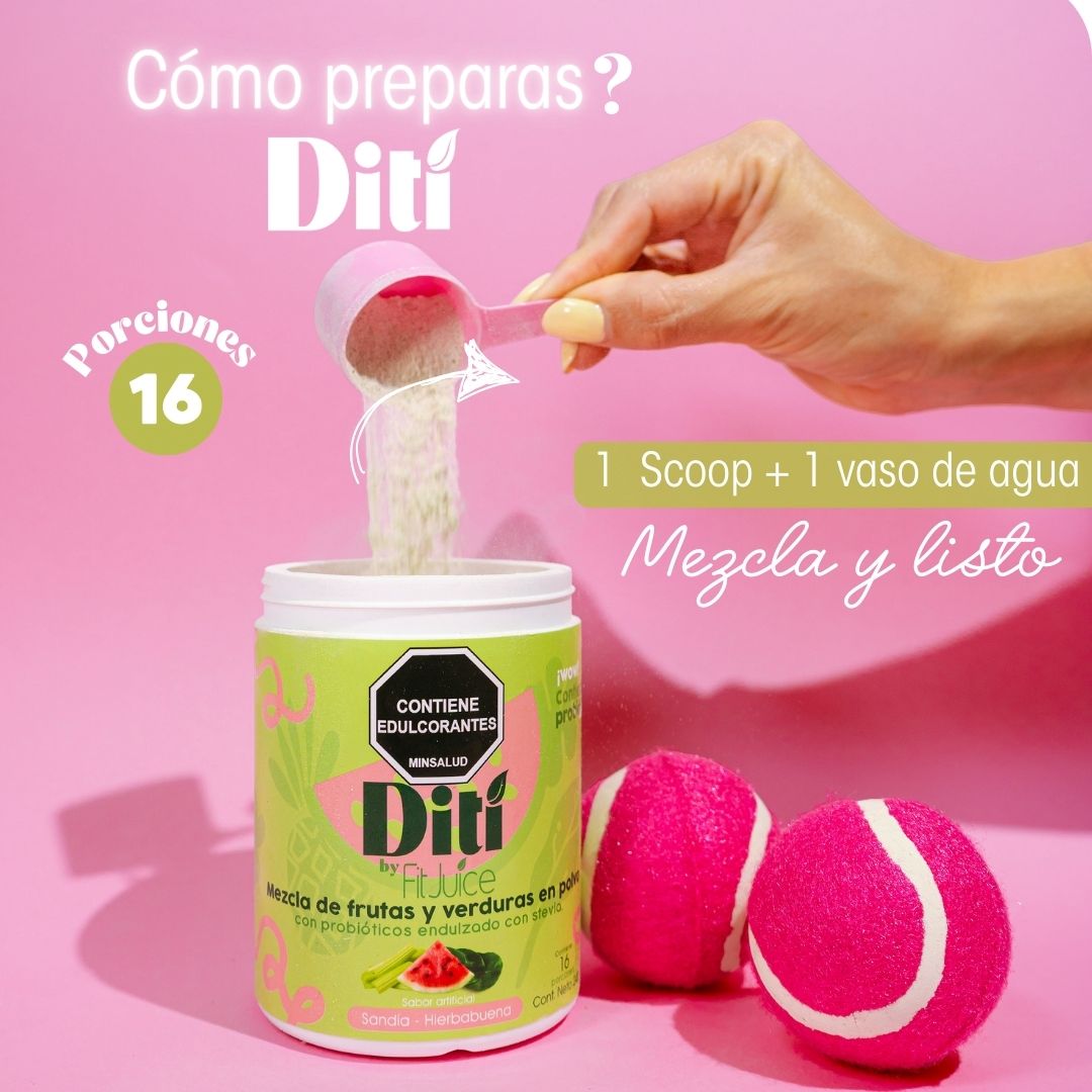 Diti powder container with a scoop and pink balls on a pink background