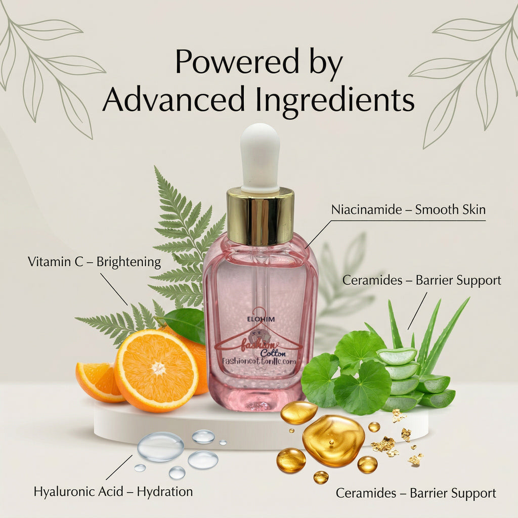 Skincare serum bottle with ingredients labeled on a light background