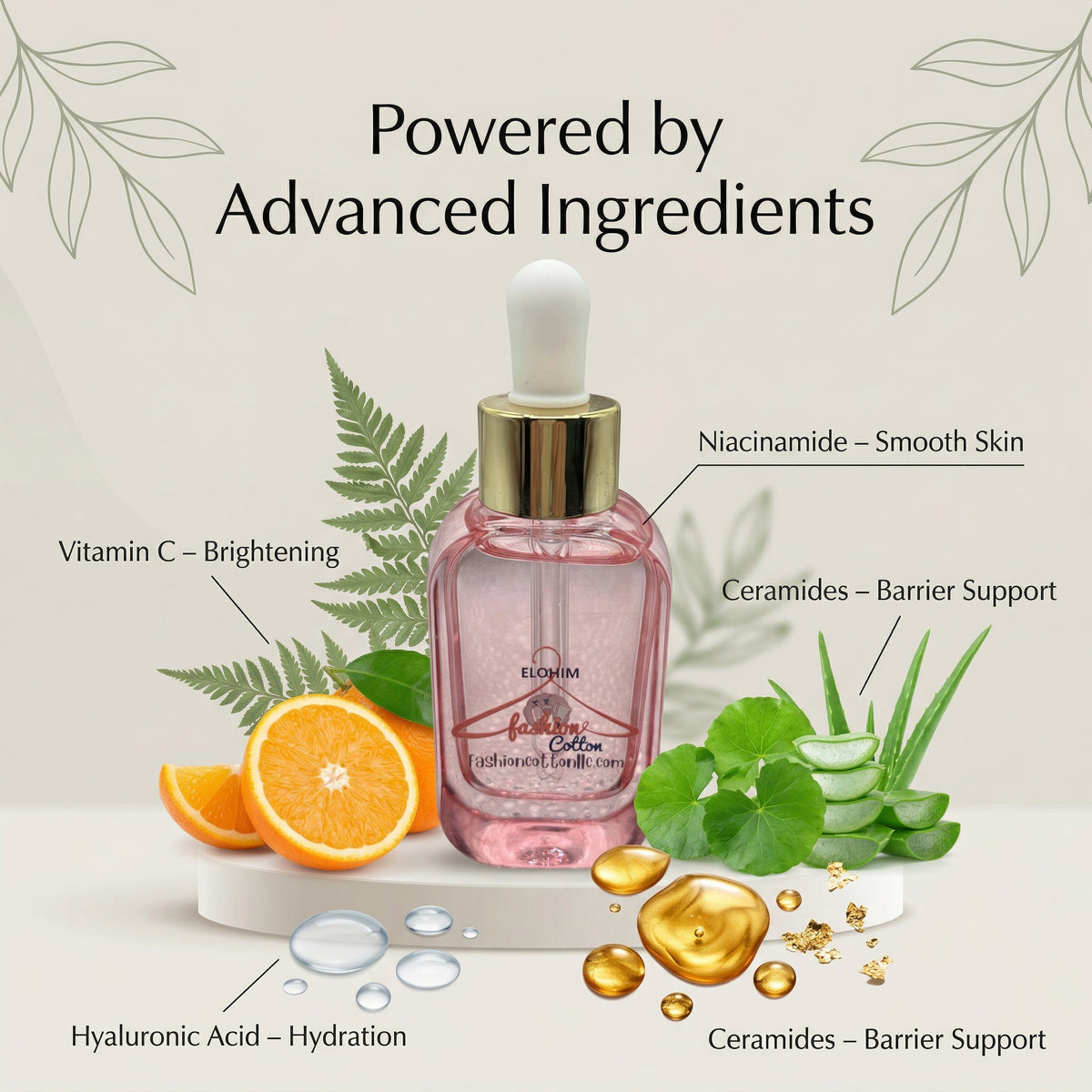Skincare serum bottle with ingredients labeled on a light background