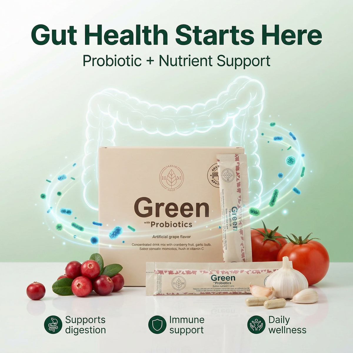 Green Probiotics packaging with fruits and vegetables on a light green background