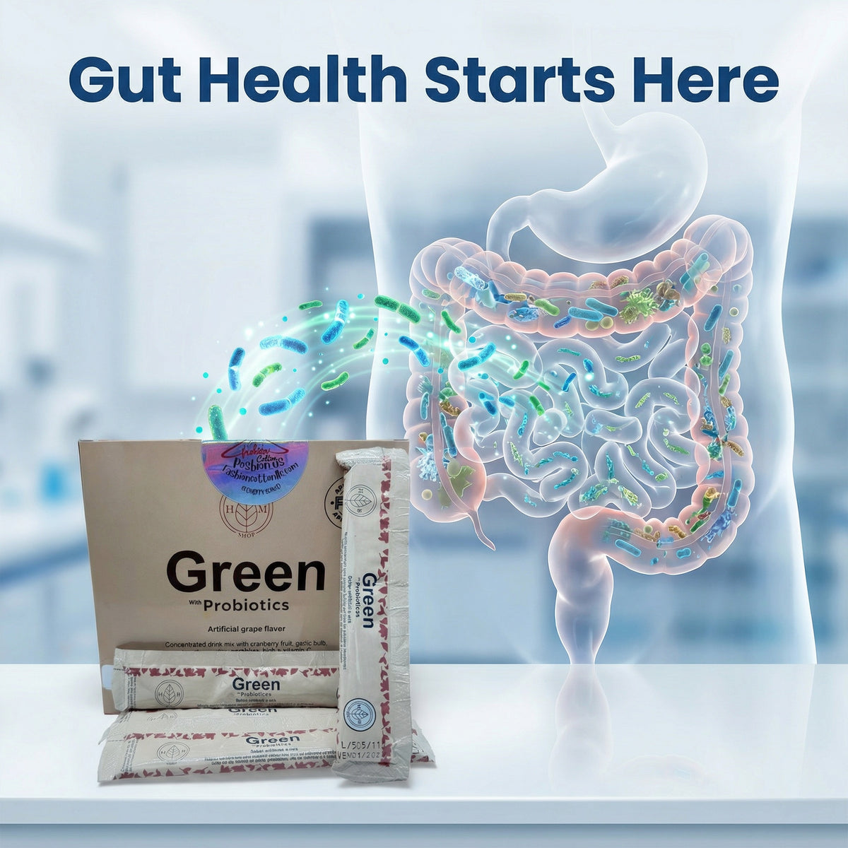 Green Probiotics packaging with a digital illustration of gut health on a blurred background