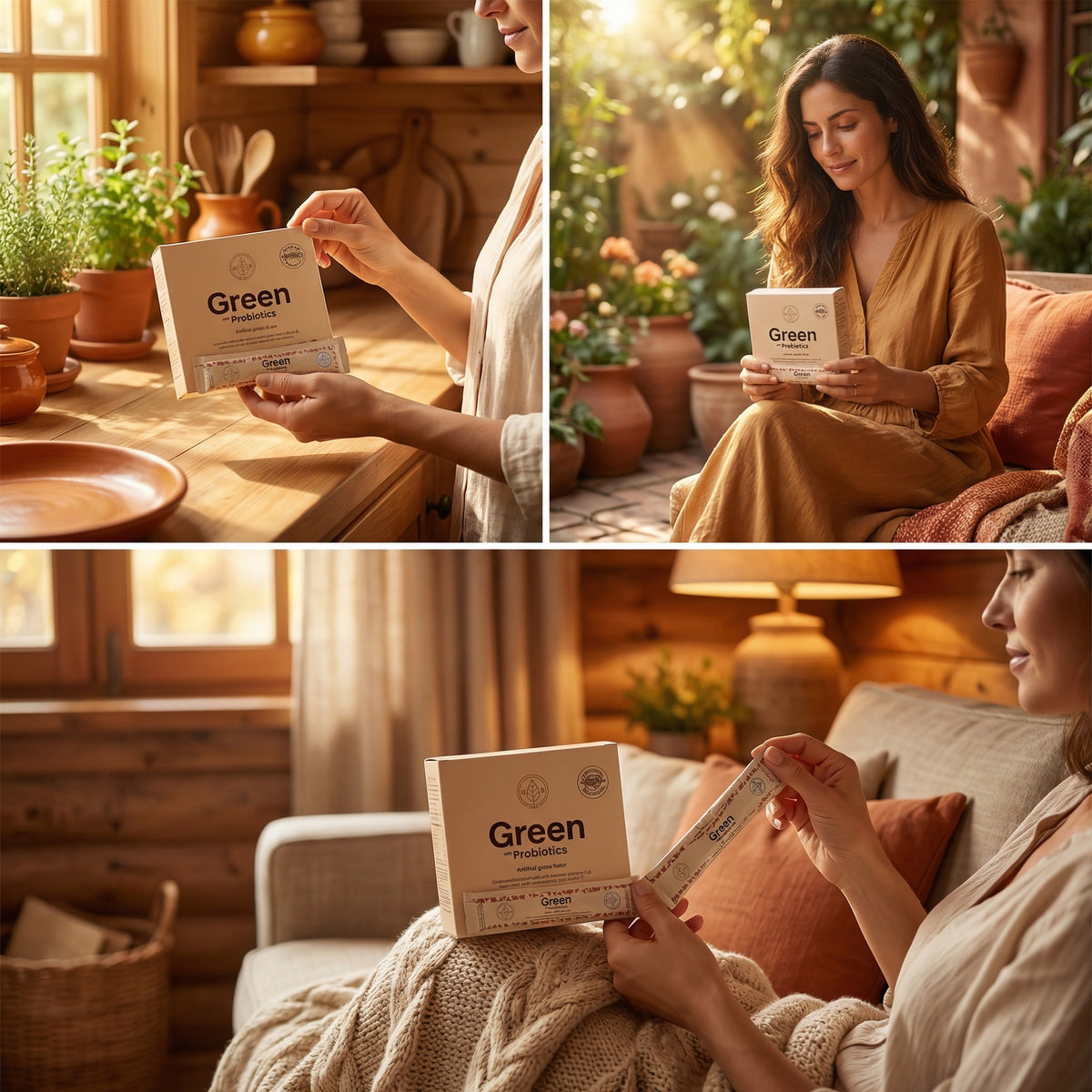 Collage of a woman holding a 'Green' product packaging in various settings.