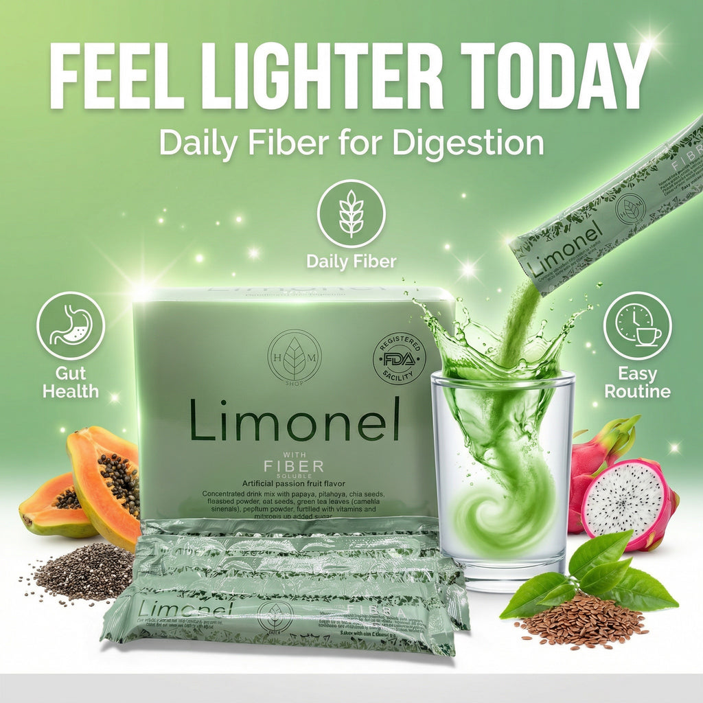 Limonel fiber supplement packaging with a glass of green liquid and health benefits text on a green background.