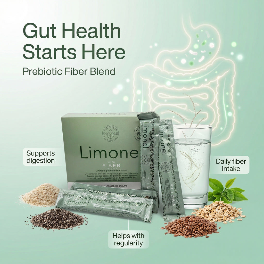 Limone fiber blend packaging with fibers and a glass of water on a light green background