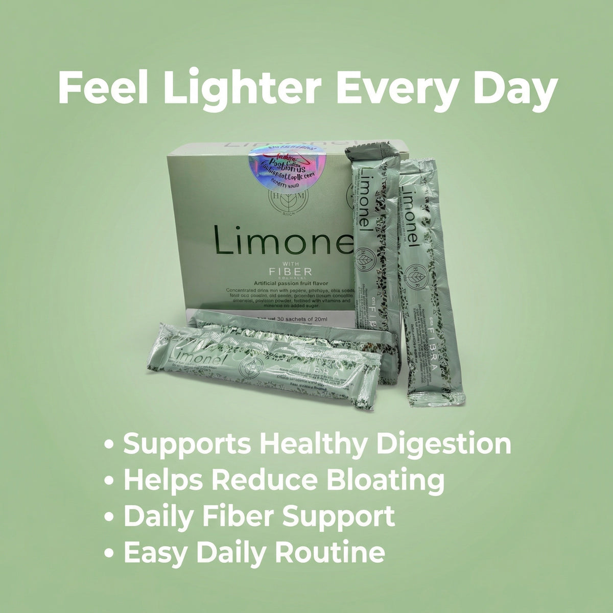 Limone fiber supplement packaging on a light green background with text highlighting benefits.