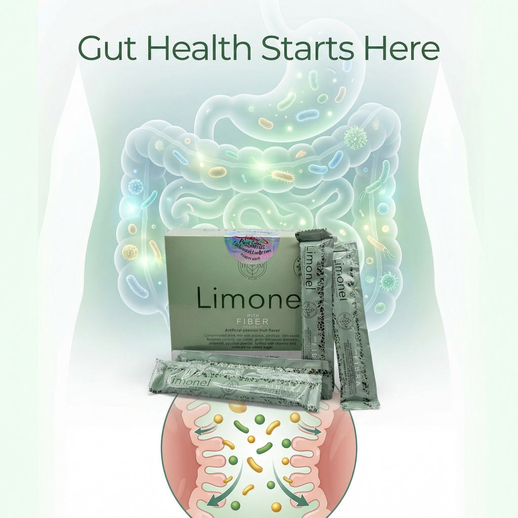 Limone fiber packets with an illustration of gut bacteria on a light gray background.