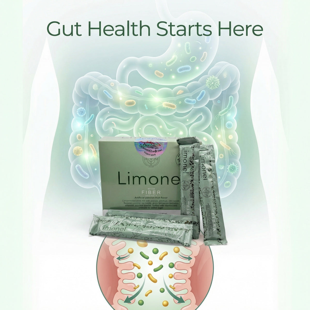 Limone fiber packets with an illustration of gut bacteria on a light gray background.