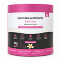 A tub of Recovera Nutrition Protein Vanilla Flavor dietary supplement, featuring a pink and white container with a black lower band detailing product benefits.