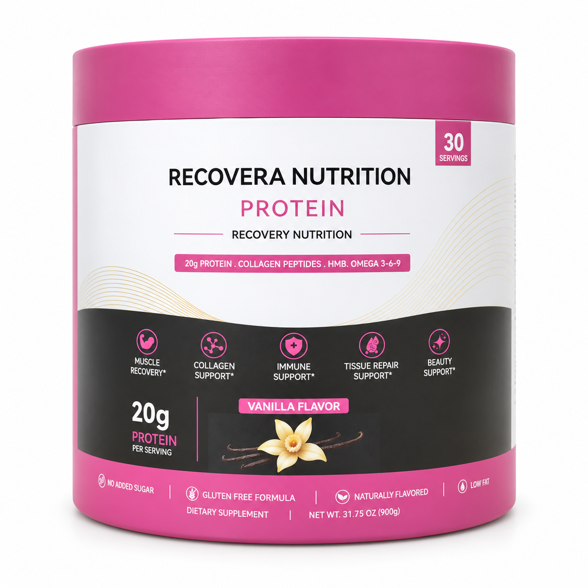 A tub of Recovera Nutrition Protein Vanilla Flavor dietary supplement, featuring a pink and white container with a black lower band detailing product benefits.