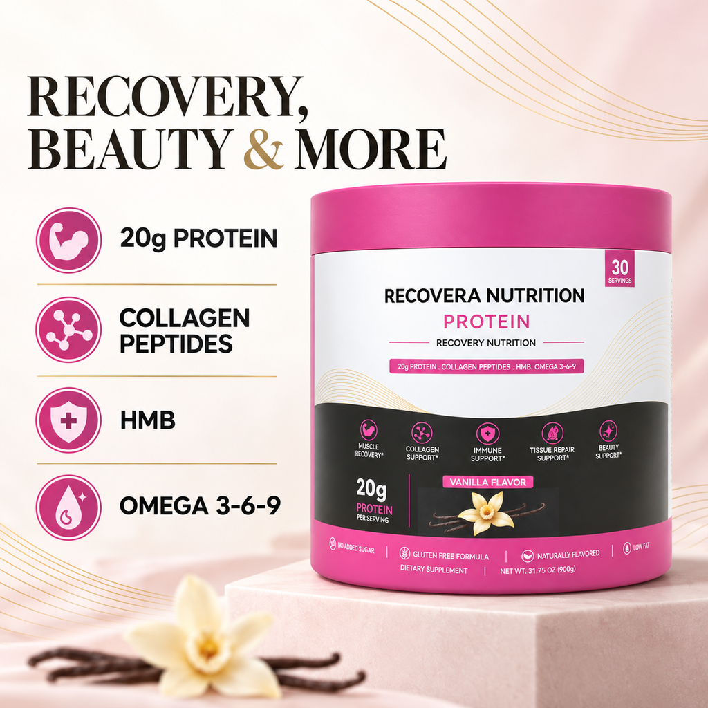 A tub of Recovera Nutrition Protein vanilla flavor supplement, set on a pedestal with marketing text and icons highlighting protein, collagen peptides, HMB, and omega-3-6-9 benefits.