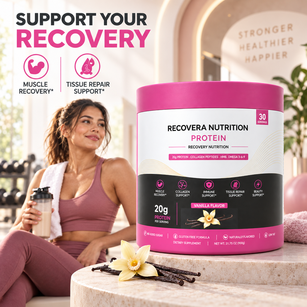 A woman in workout clothes sits on a stone bench holding a shaker cup beside a large pink tub of Recovera Nutrition Protein powder. The scene is a bright gym/lifestyle setting with promotional text reading 'Support Your Recovery' and icons for muscle recovery and tissue repair support.