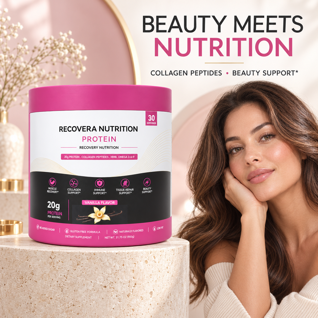 A tub of Recovera Nutrition Protein powder in Vanilla Flavour sits on a stone pedestal next to a woman in a lifestyle setting. The ad features the text 'BEAUTY MEETS NUTRITION' and 'COLLAGEN PEPTIDES • BEAUTY SUPPORT*'.