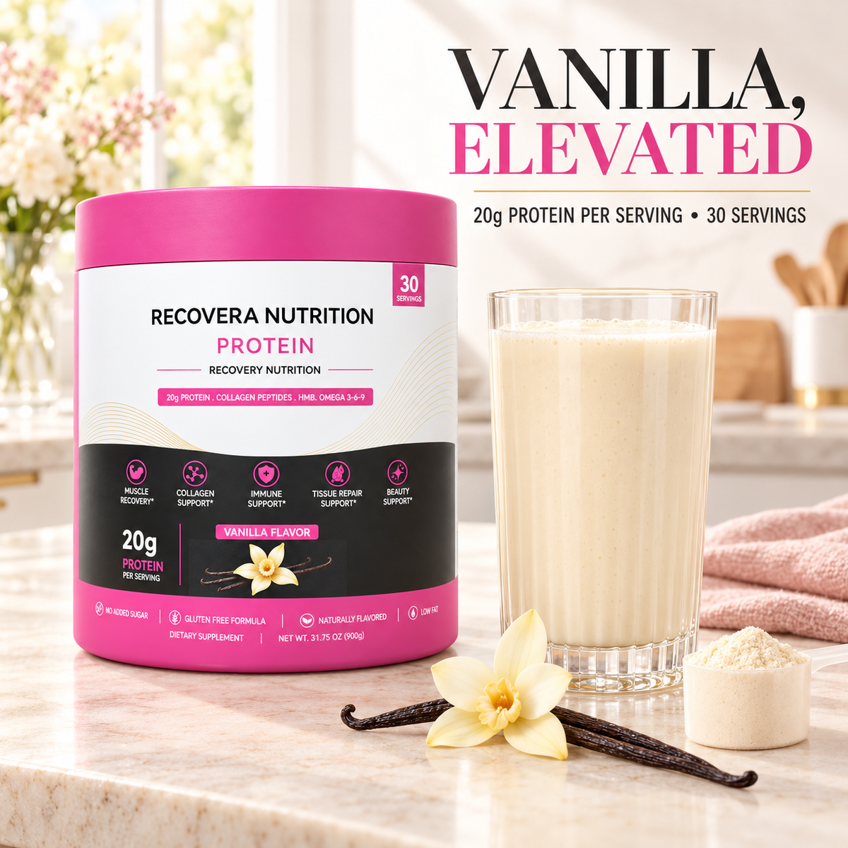 A tub of Recovera Nutrition Protein powder in vanilla flavor sits on a marble countertop beside a glass of creamy vanilla shake, vanilla beans, a flower, and a scoop of powder. Large text reads 'VANILLA, ELEVATED' with '20g Protein per serving • 30 servings'.