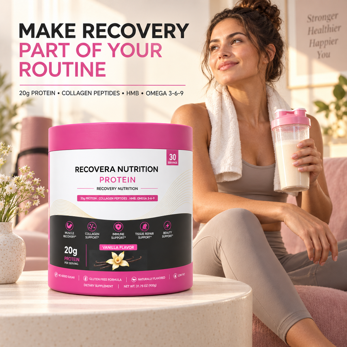 A woman in a home setting holds a shaker bottle while a large tub of Recovera Nutrition Protein powder sits on a table in the foreground. Promotional text at the top reads 'MAKE RECOVERY PART OF YOUR ROUTINE'.