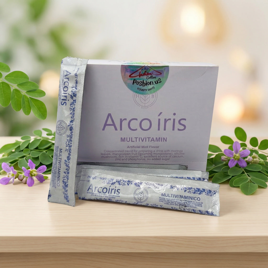 Arcoñiris multivitamin packets on a wooden surface with a blurred natural background