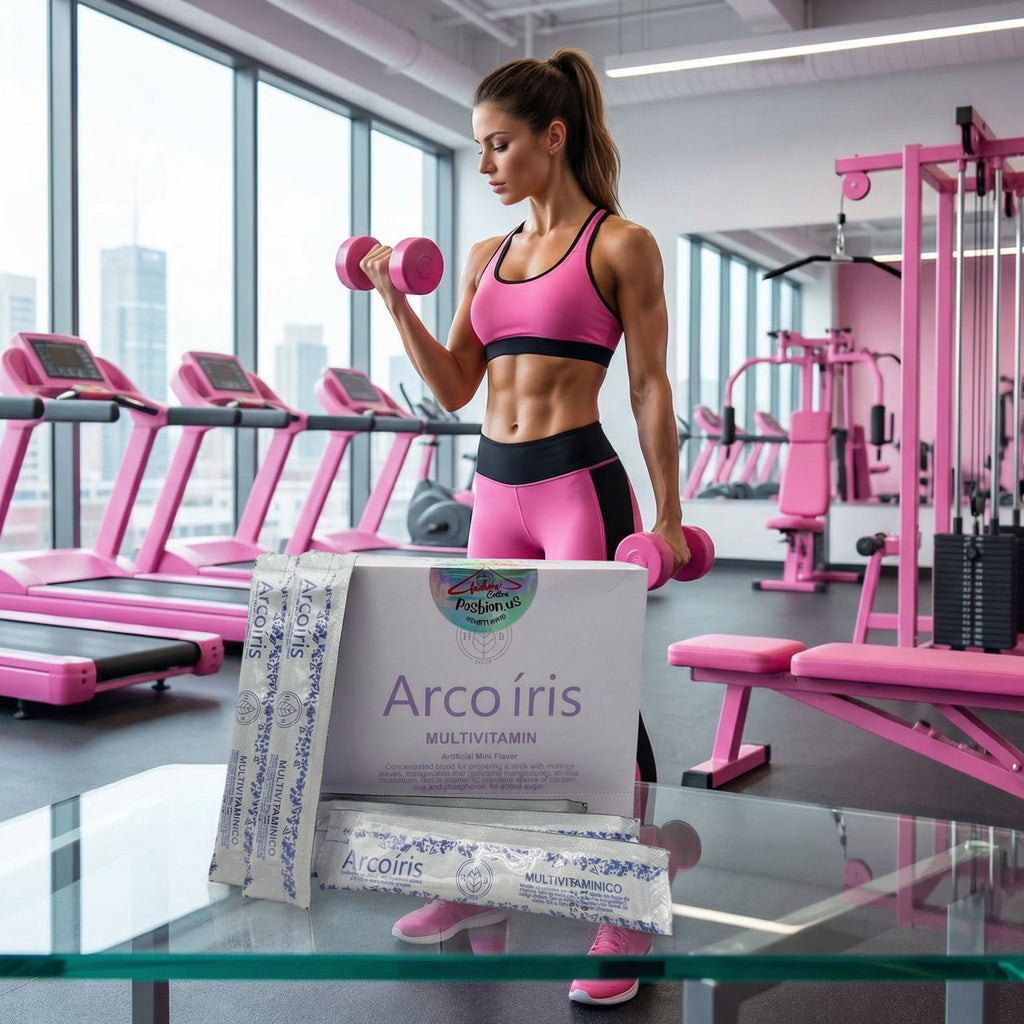 Woman exercising with dumbbells in a gym, with Arco Iris multivitamin packaging on a table in front of her.