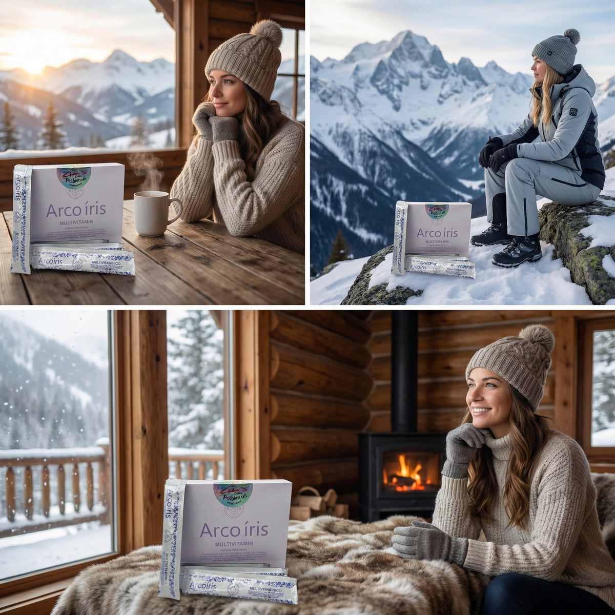 Collage of a woman in winter clothing in various snowy and cozy settings with Arco Iris products.