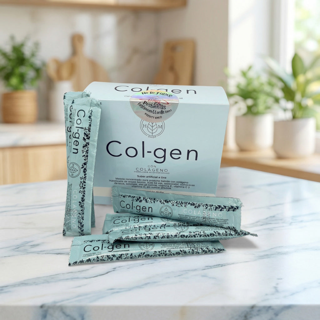 Col-gen packaging on a marble surface with a kitchen background