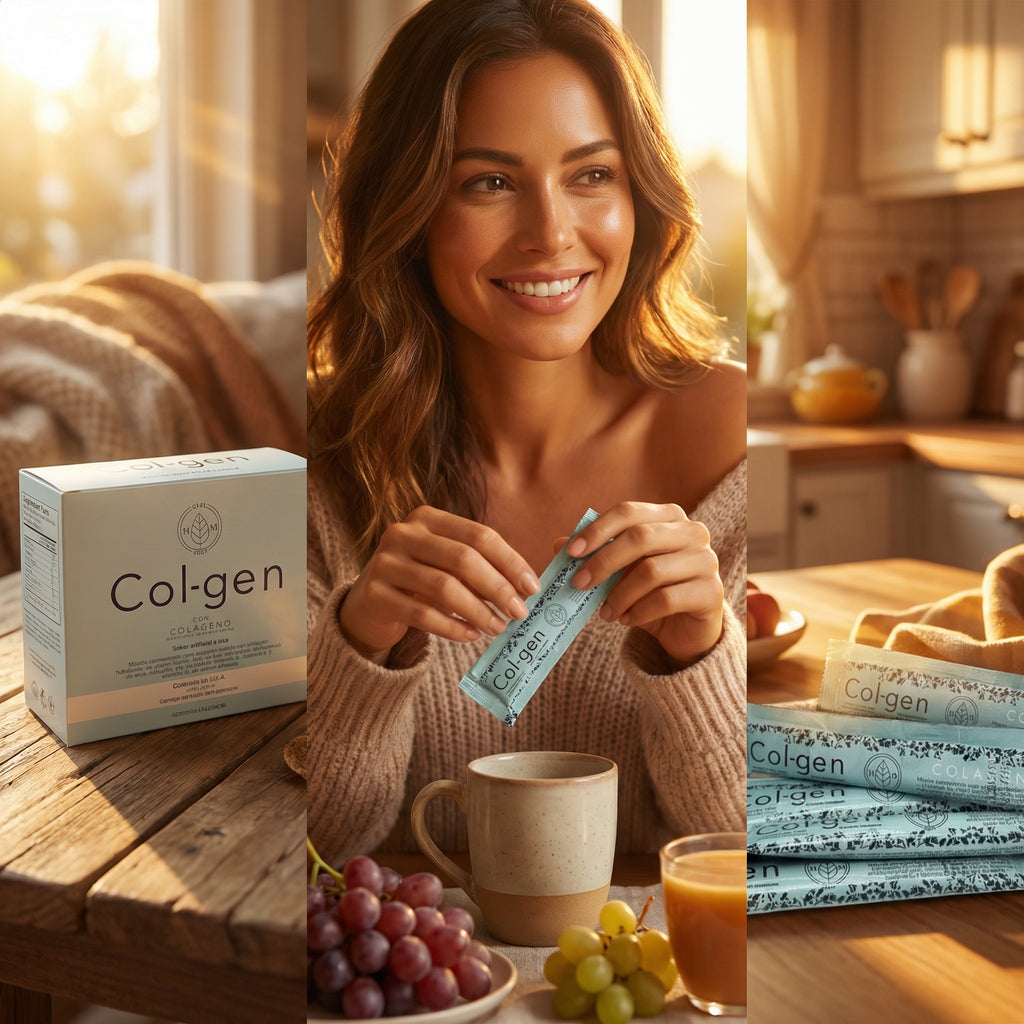 Woman holding Col-gen supplement with a kitchen background