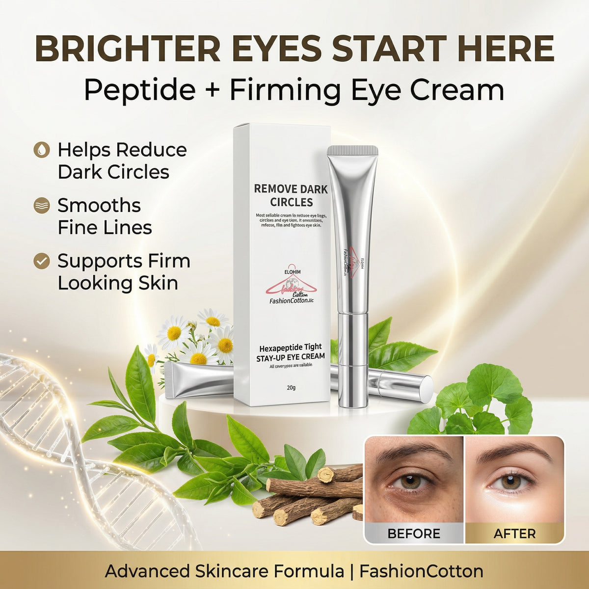 Advertisement for Peptide + Firming Eye Cream with product packaging and before/after effects on eyes.