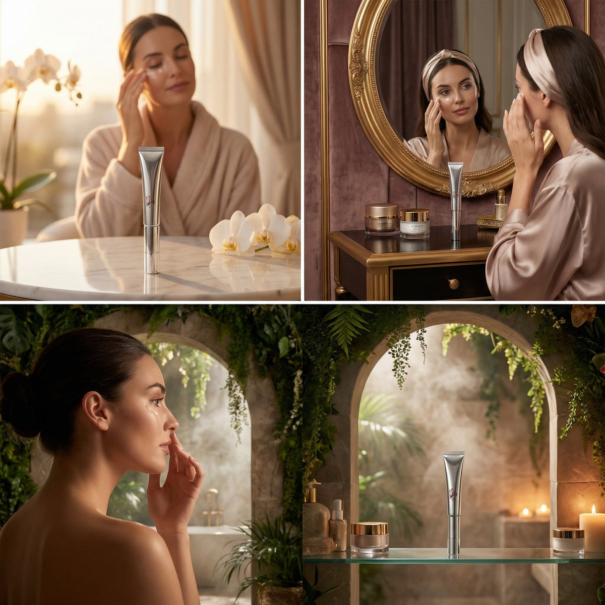 Woman applying skincare product in a bathroom setting with decorative elements.