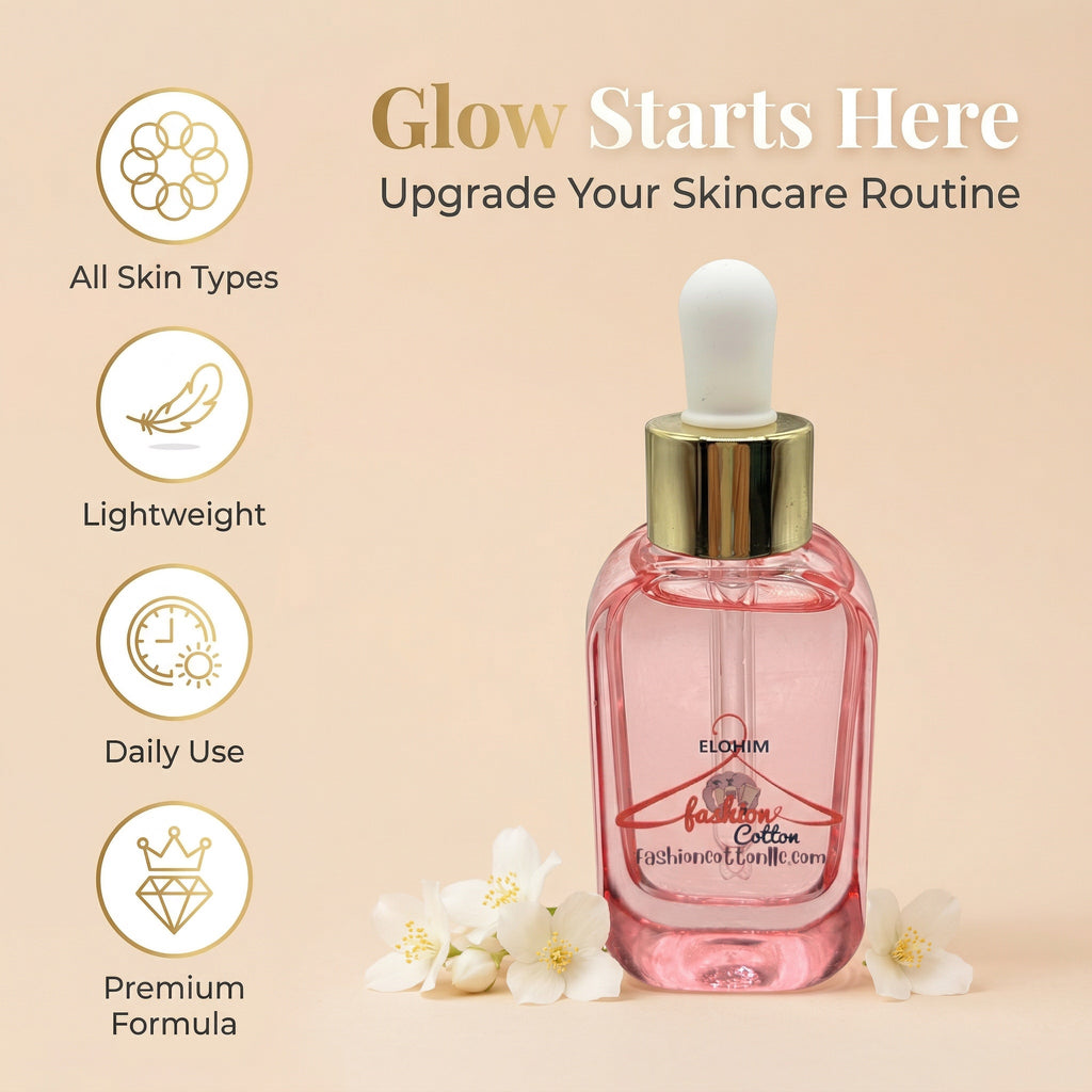 Pink skincare dropper bottle with gold cap on a beige background, featuring text and icons about product benefits.