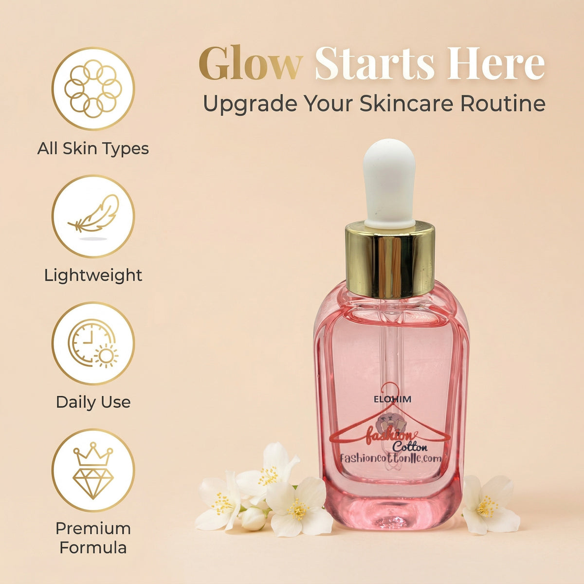 Pink skincare dropper bottle with gold cap on a beige background, featuring text and icons about product benefits.