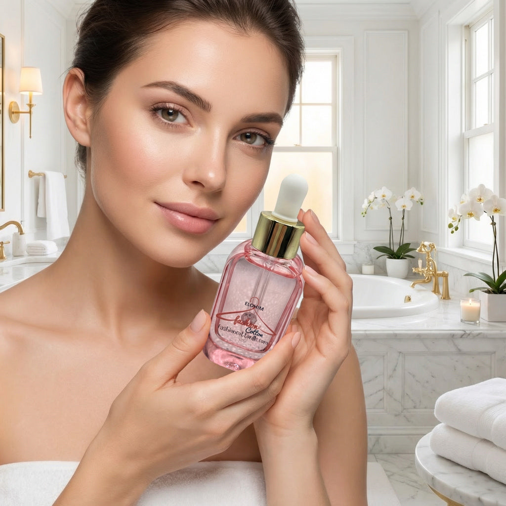 Woman holding a pink bottle of Tatcha skincare product in a bathroom setting
