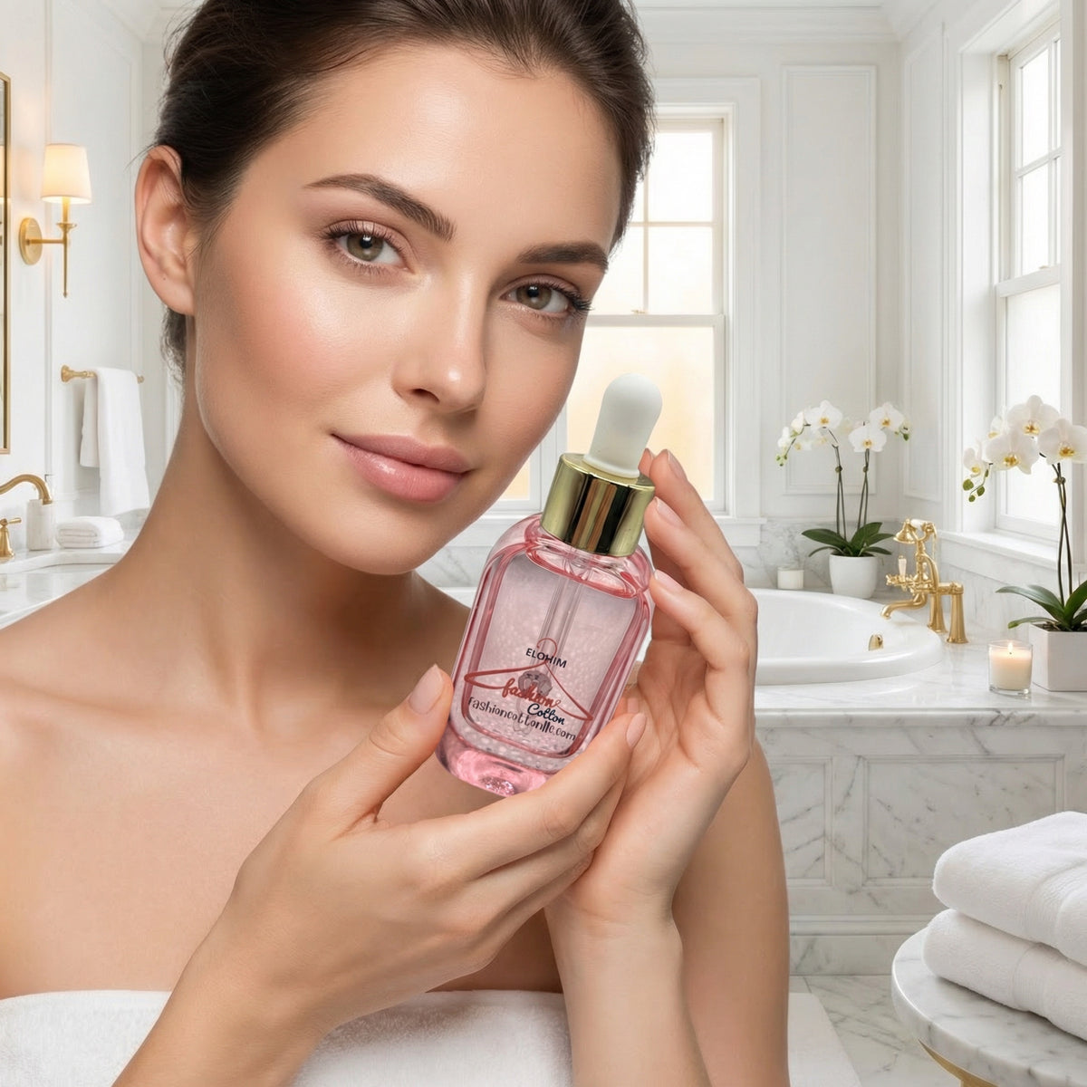 Woman holding a pink bottle of Tatcha skincare product in a bathroom setting