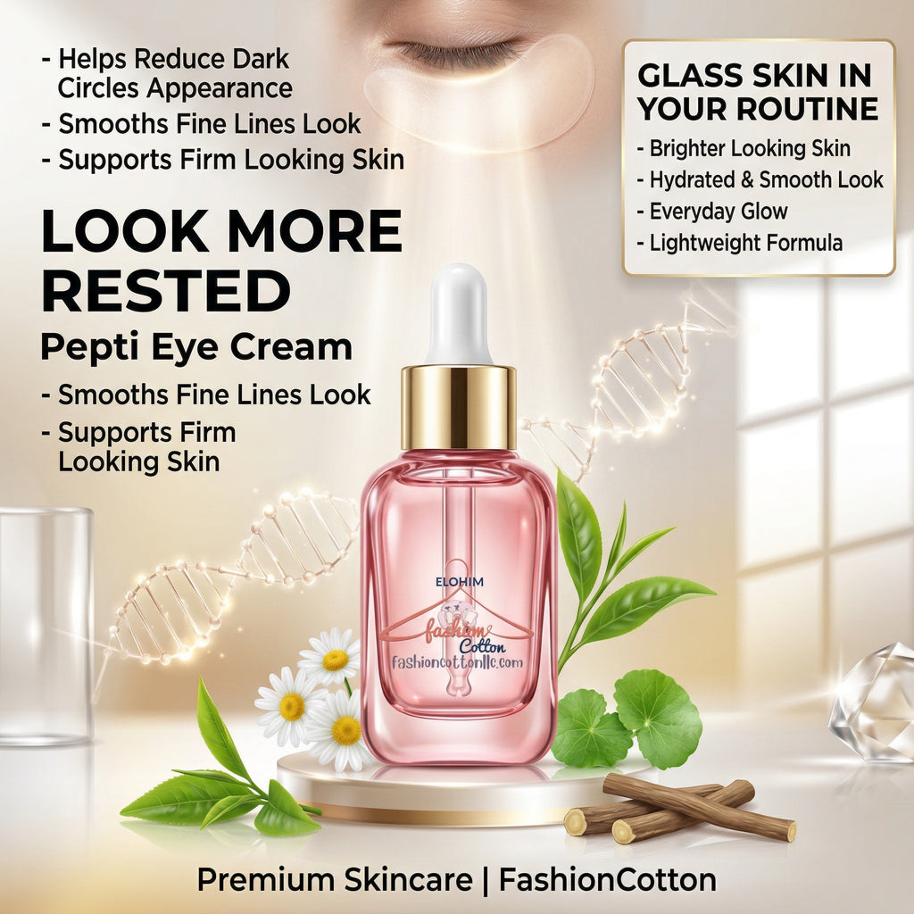 Pepti Eye Cream bottle with text highlighting benefits on a blurred background
