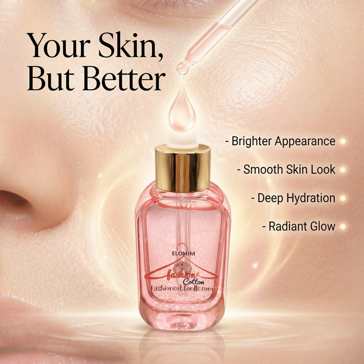 Pink skincare serum bottle with dropper on a close-up of skin, highlighting benefits.