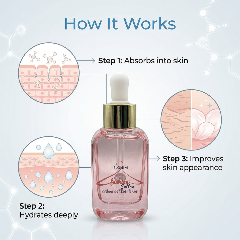 Cosmetic dropper bottle with steps on how it works absorbed into skin, hydrates deeply, and improves skin appearance.