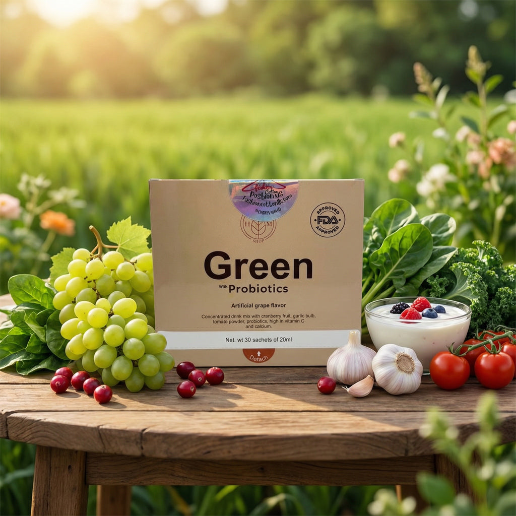 Box of Green Probiotics surrounded by fresh fruits and vegetables outdoors