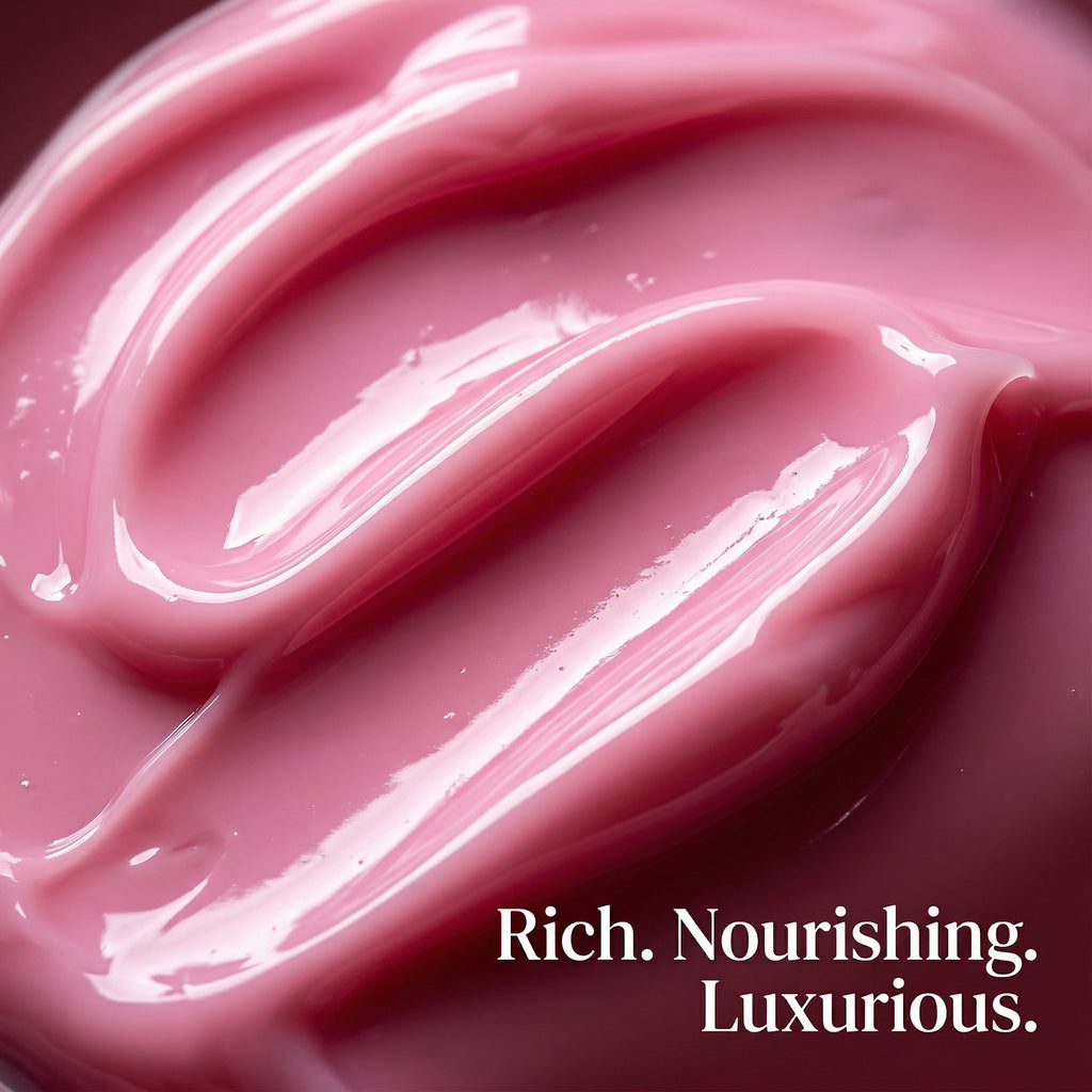 Close-up of pink cream with 'Rich. Nourishing. Luxurious.' text