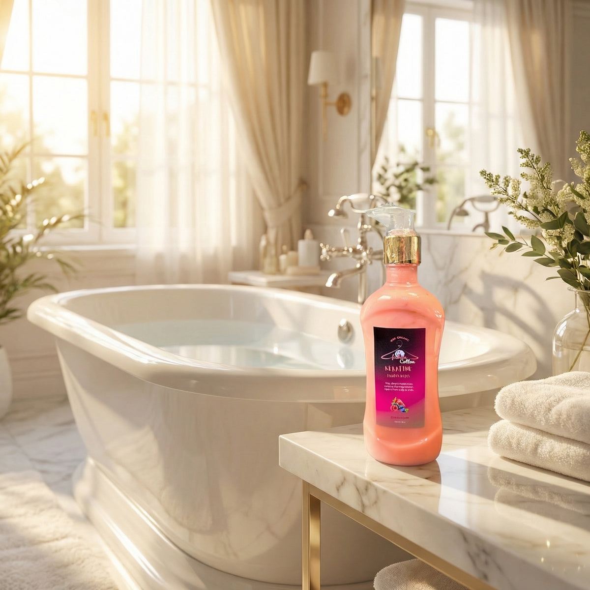 Bottle of bath product on a marble shelf next to a bathtub in a bright bathroom.