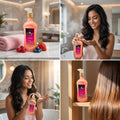 Collage of a woman using a pink bottle of hair care product in a bathroom setting.