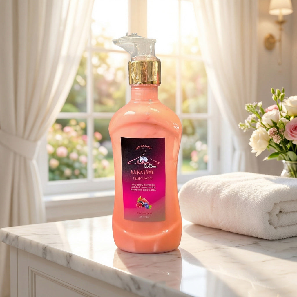 Pink bottle of La Bedouine shower gel on a marble surface with a window and flowers in the background