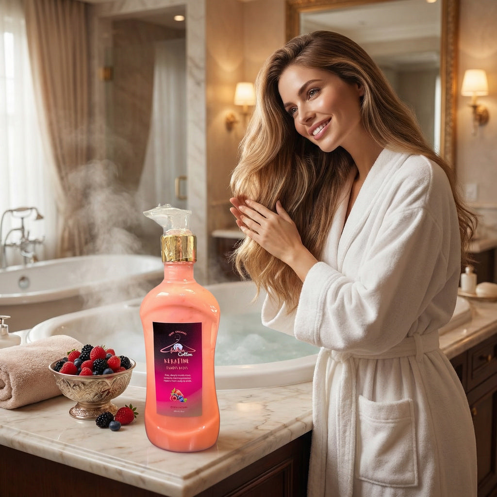 Woman in a bathrobe standing next to a bottle of bubble bath with berries on a bathroom counter.