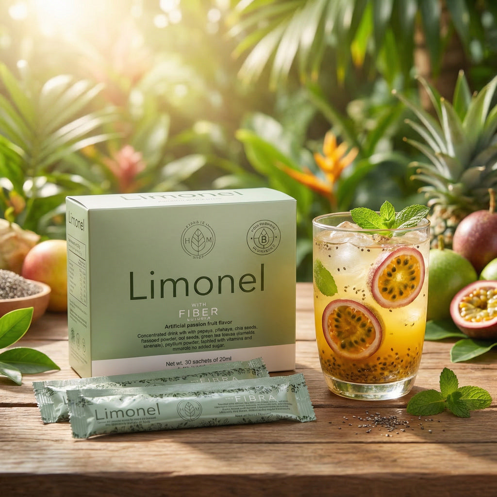 Limonel fiber supplement packaging with a glass of juice and fruits on a wooden table.