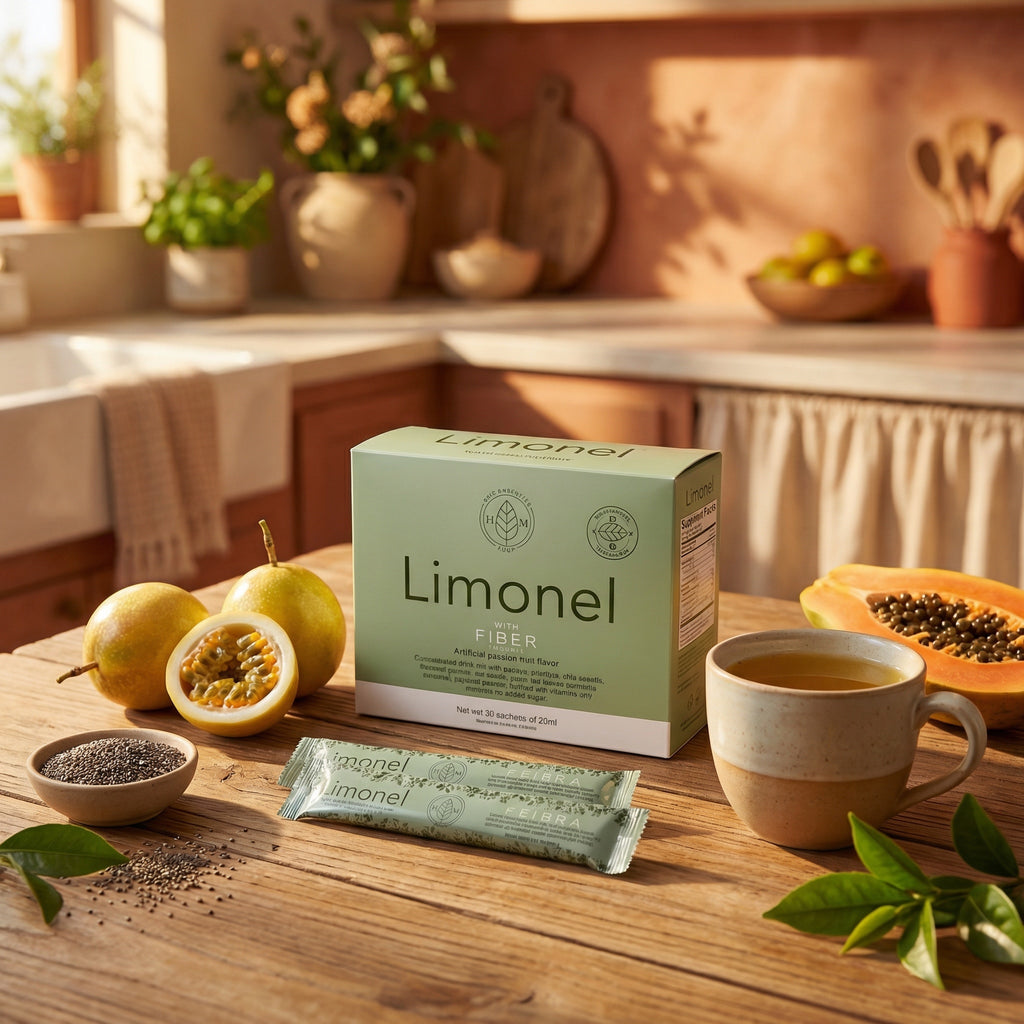 Limonel fiber packaging on a kitchen counter with tea and fruits