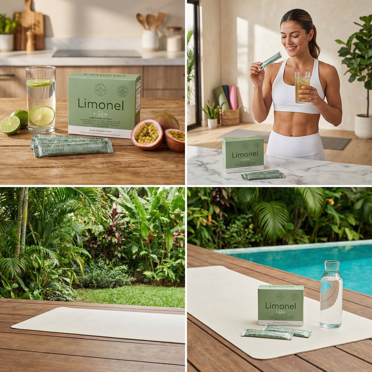 Collage of images featuring Limonel products and a woman enjoying a drink.