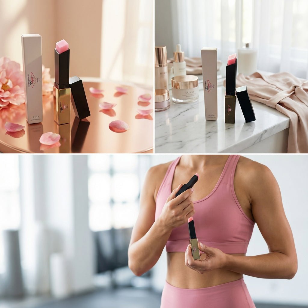 Collage of a makeup product on a table with rose petals, a marble surface with skincare products, and a person holding the product.