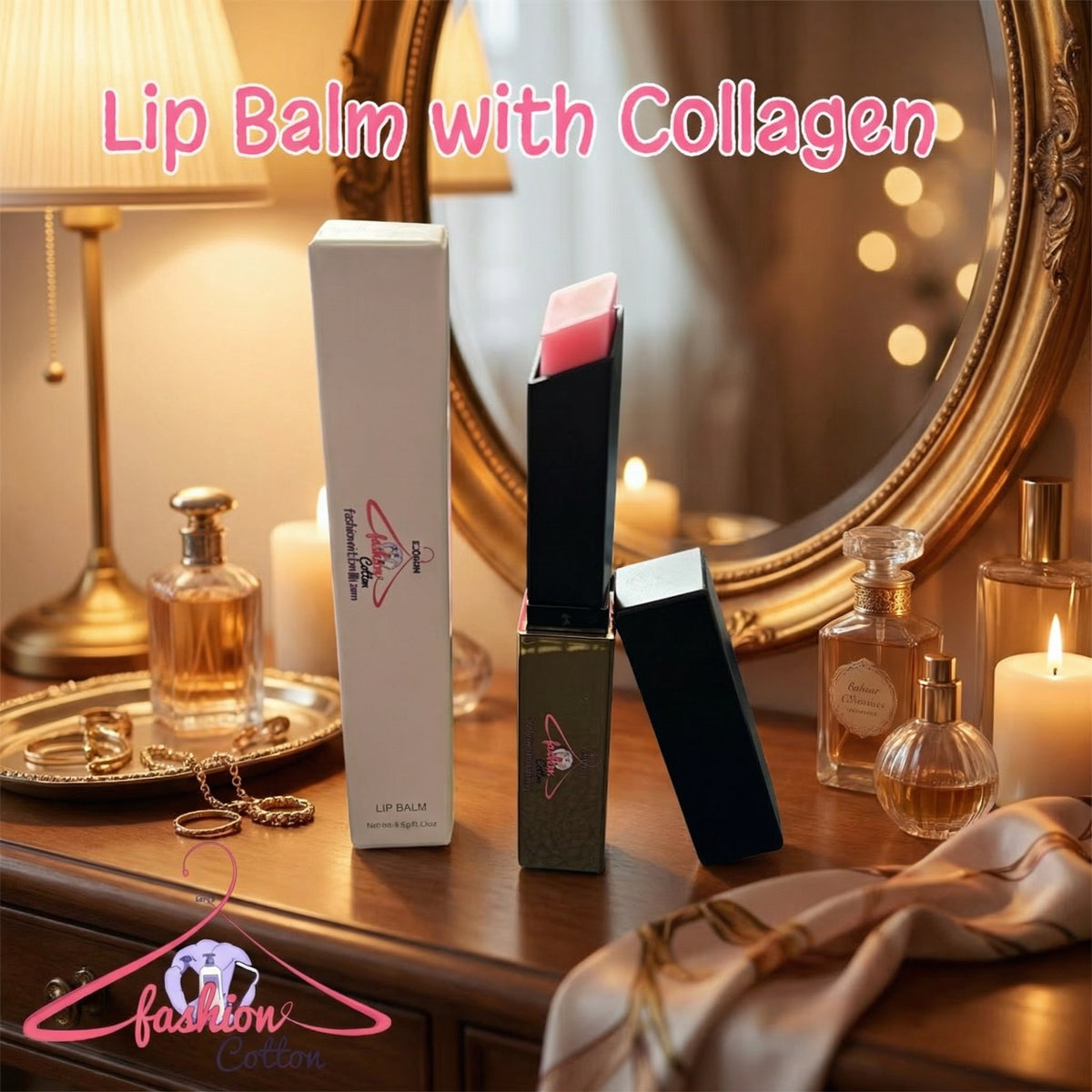 Lip balm with collagen on a table with candles and a mirror in the background