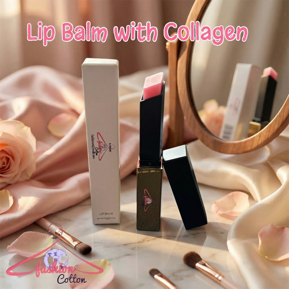 Lip balm with collagen on a marble surface with a mirror and roses in the background.