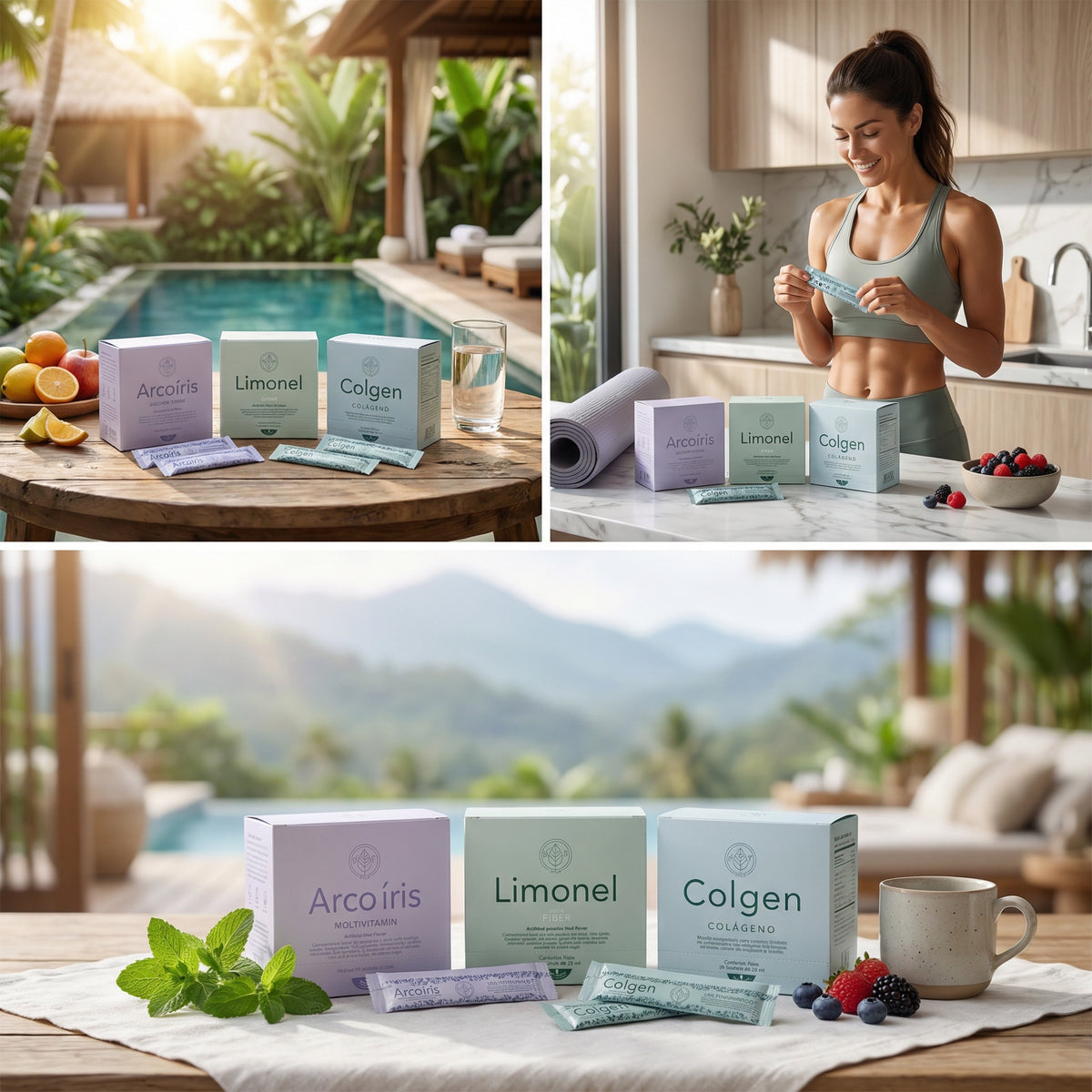 Collage of images showing Arco Iris, Colgen, and Limonel products with a woman in a kitchen.