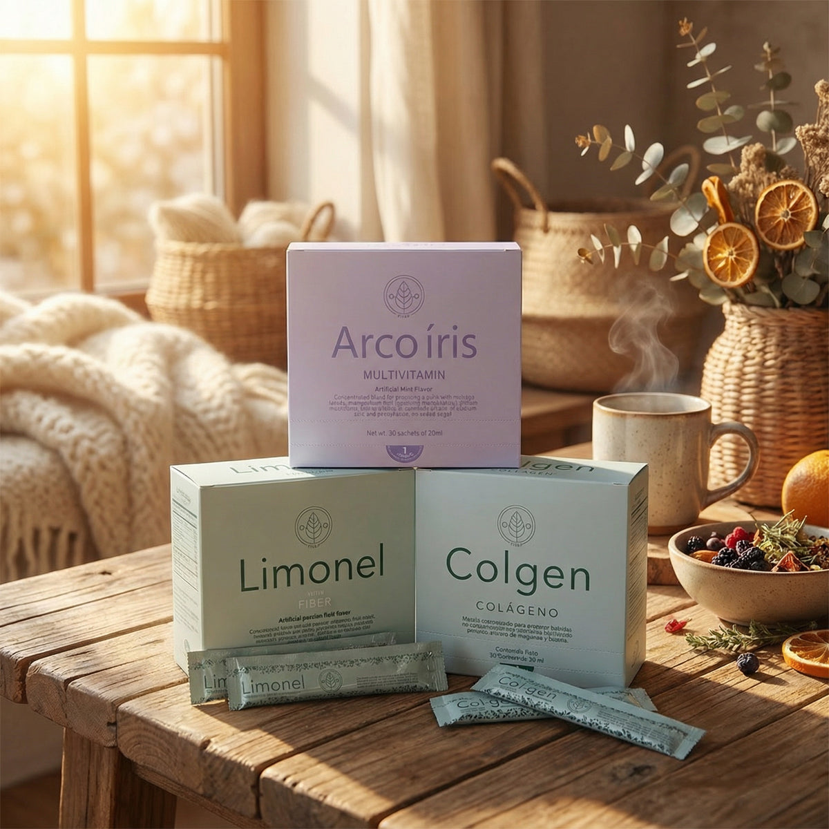 Three boxes labeled 'Arco Iris', 'Limonel', and 'Colgen' on a wooden table with a cozy background.